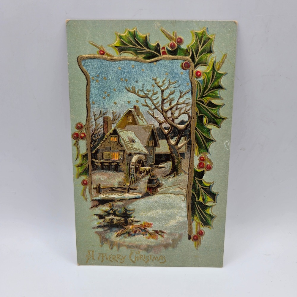 Antique 1909 Christmas Postcard Embossed Holly Winter Cabin Scene